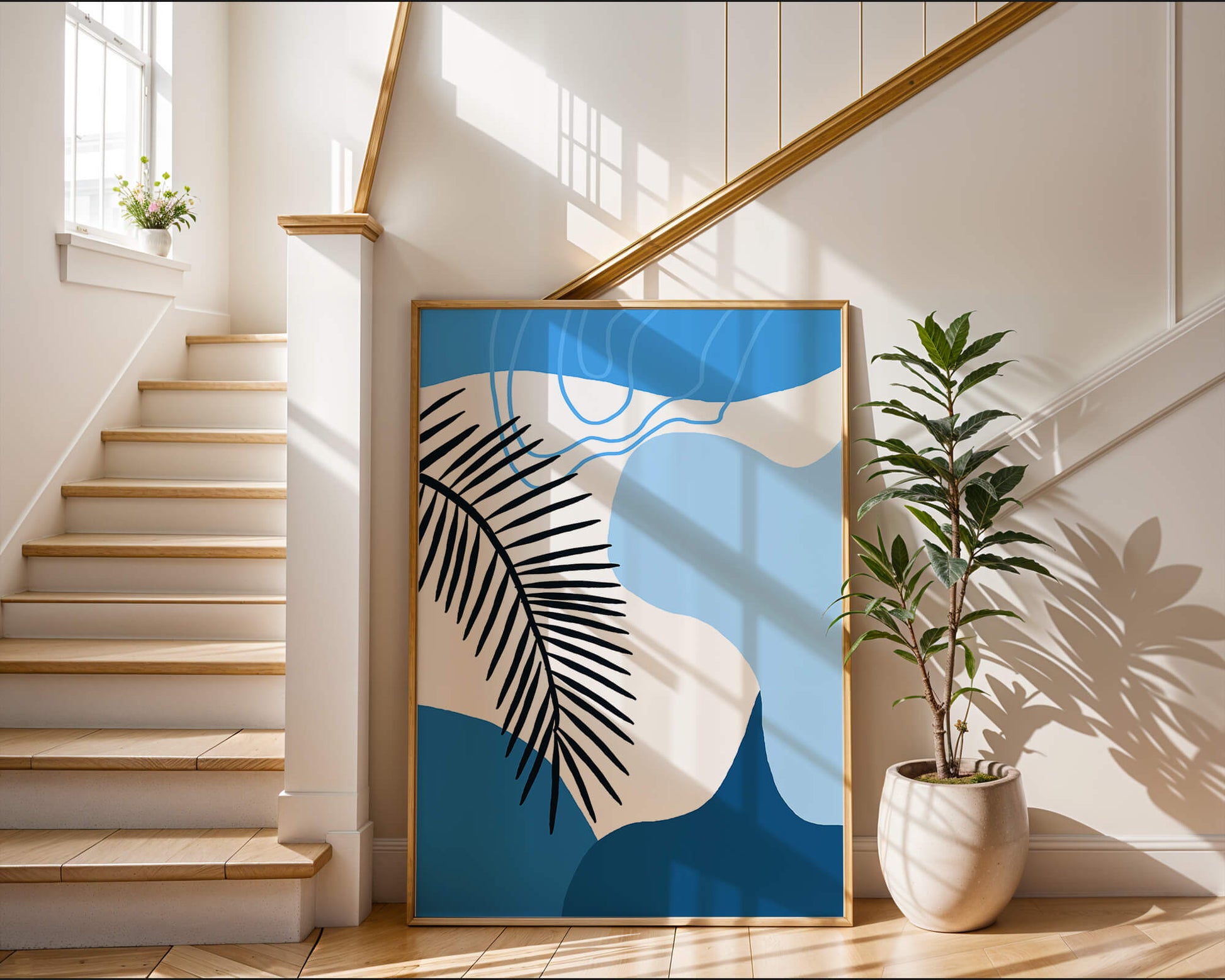 Hoja de palma abstracta sobre fondo azul con líneas fluidas