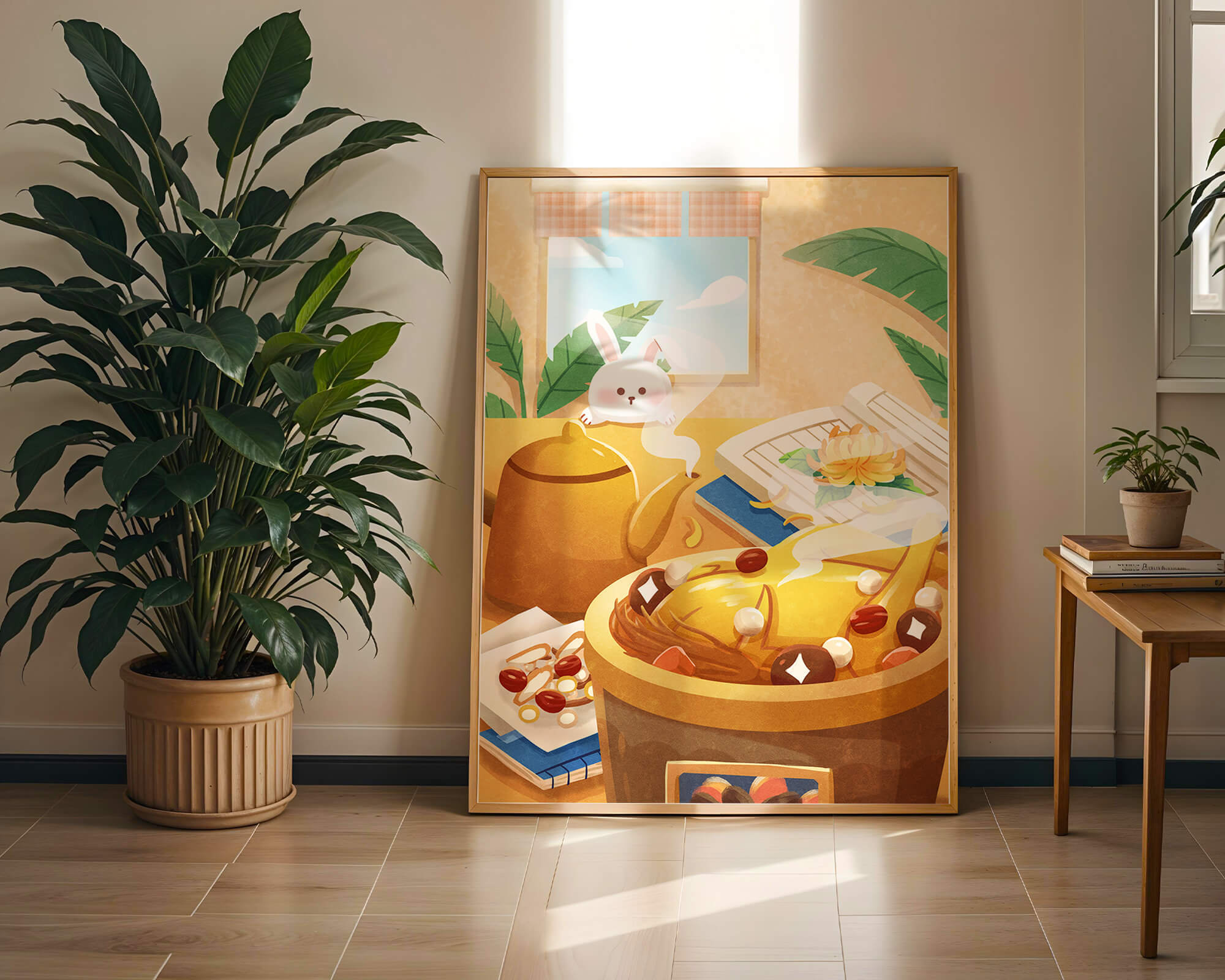Cozy kitchen scene with cute bunny, teapot, and golden dessert