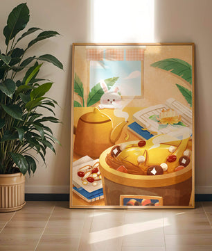 Cozy kitchen scene with cute bunny, teapot, and golden dessert