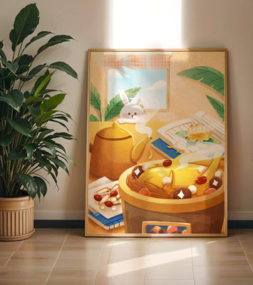 Cozy kitchen scene with cute bunny, teapot, and golden dessert