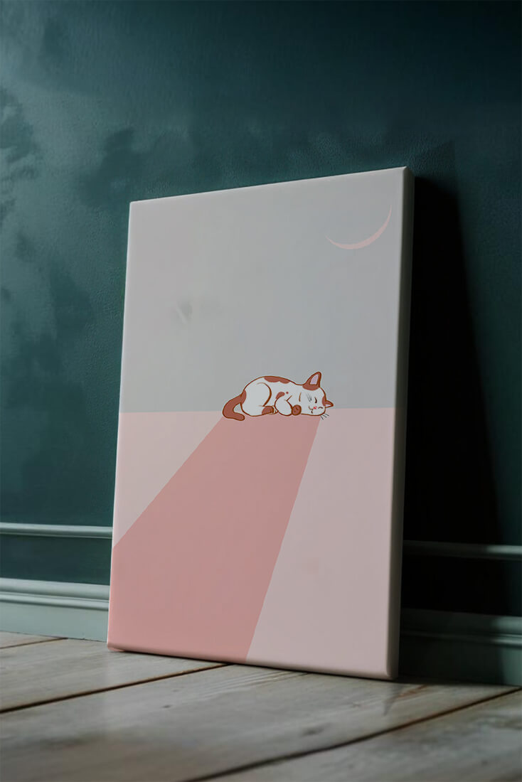 Sleeping Cat in Minimalistic Moonlit Scene