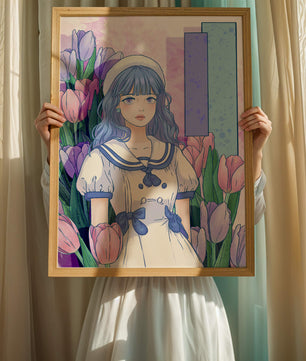 Illustration d'une fille en robe de marin parmi des tulipes avec une palette de couleurs pastel
