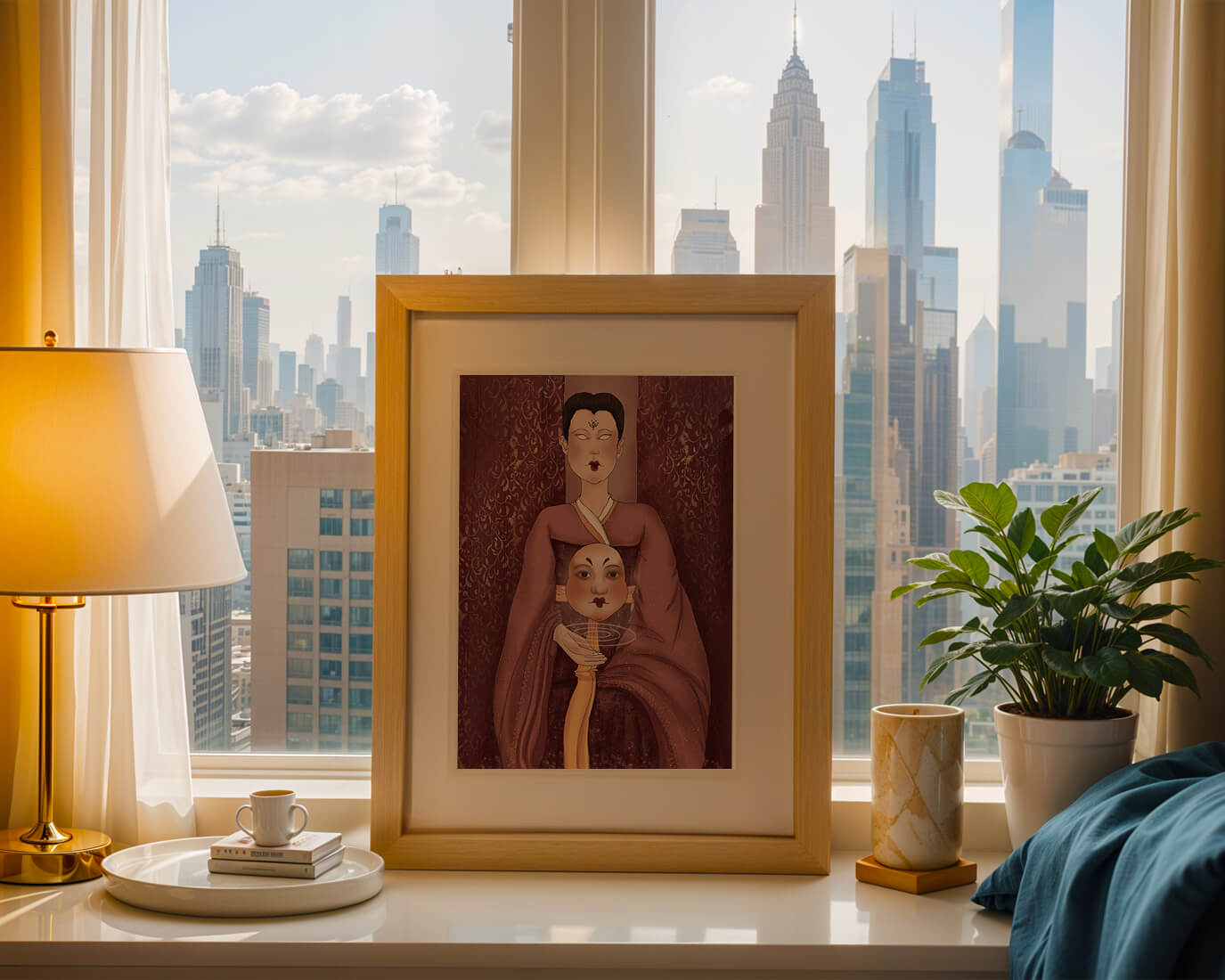 Ilustración de una figura mística con máscara y fondo ornamentado