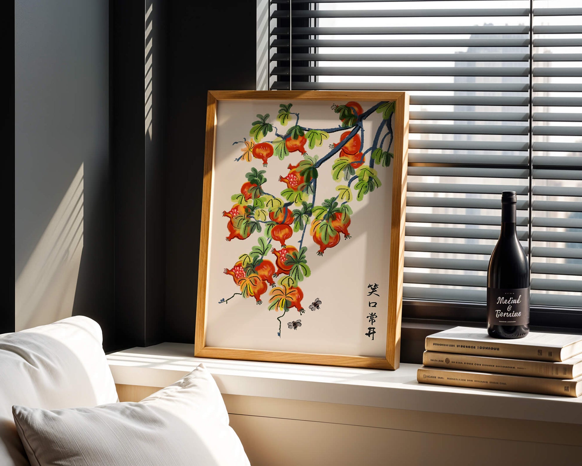 Artistic illustration of vibrant pomegranates on a branch with Asian aesthetic