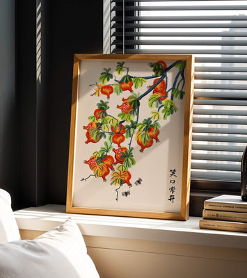 Artistic illustration of vibrant pomegranates on a branch with Asian aesthetic