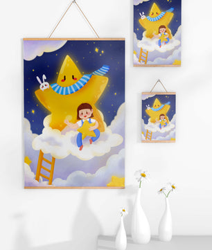 Enfant fantaisiste assis sur un nuage avec une étoile et un lapin dans le ciel nocturne
