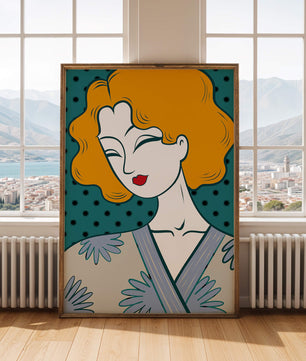 Retrato estilizado de una mujer con cabello naranja y kimono floral