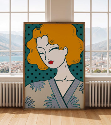 Stylized portrait of a woman with orange hair and floral kimono