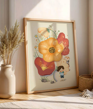 Charming Illustration of Children among Large Flowers with Playful Puppy