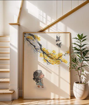 Charming illustration of a child gazing at birds and yellow blossoms