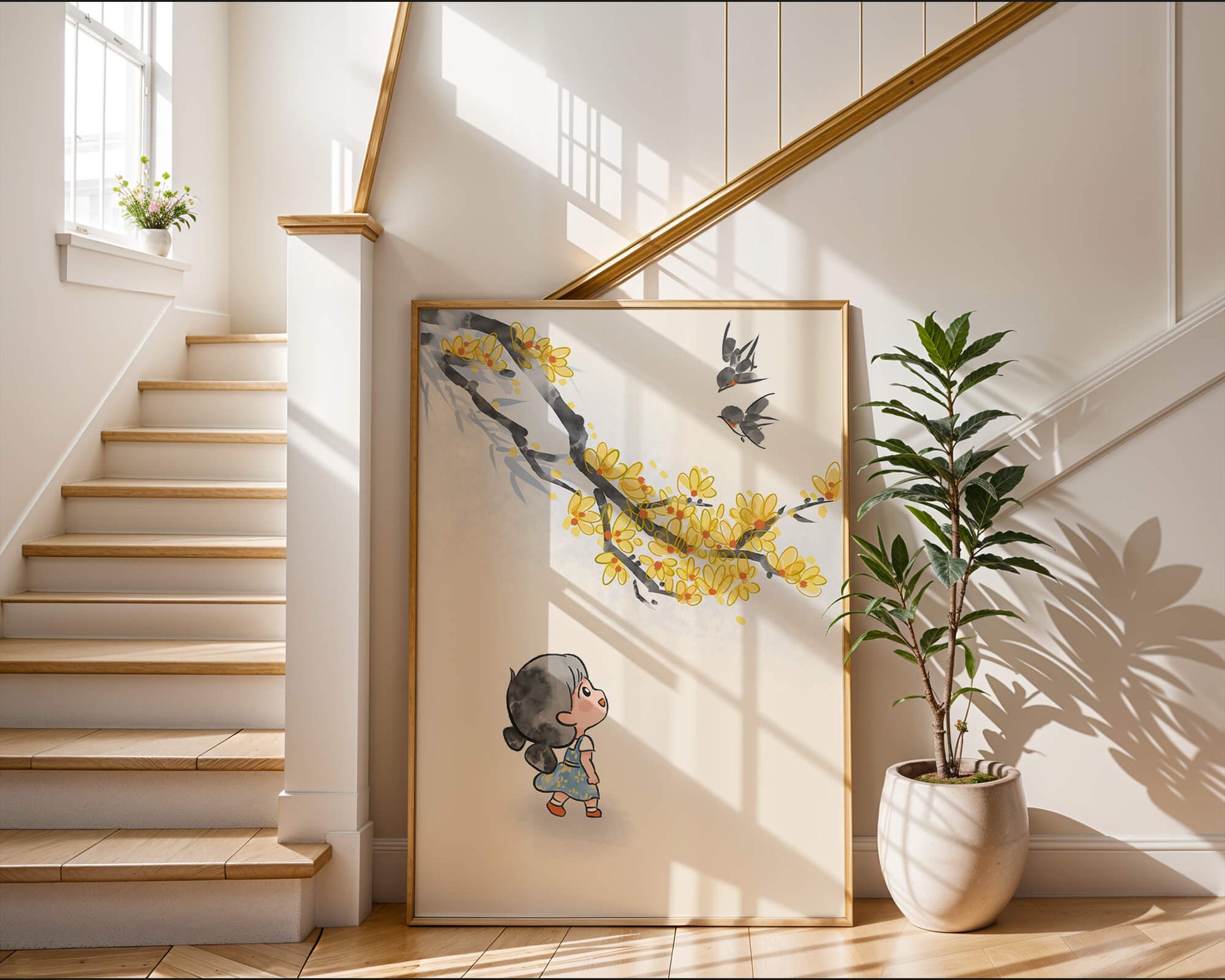 Charming illustration of a child gazing at birds and yellow blossoms