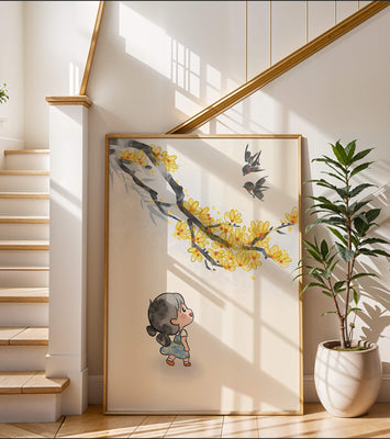 Charming illustration of a child gazing at birds and yellow blossoms
