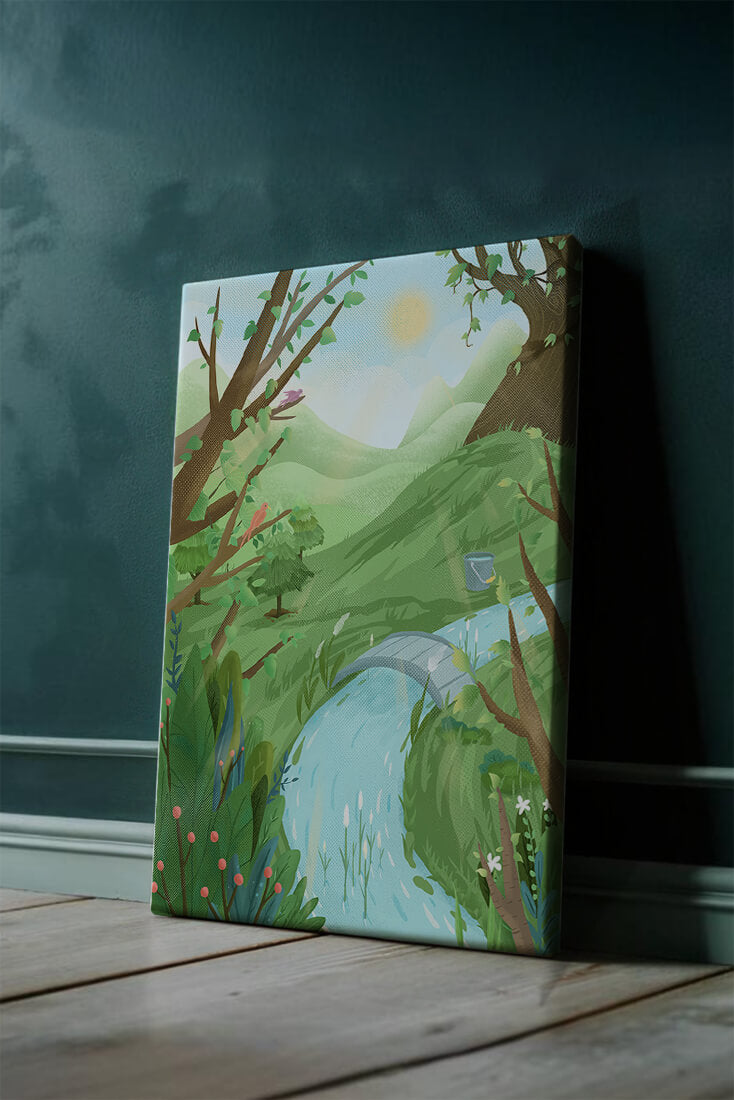 Paisaje sereno con aves y río bajo un cielo soleado