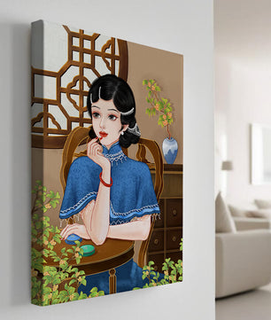 Elegant Woman in Traditional Chinese Setting with Blue Cape and Intricate Decor