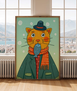 Gato caprichoso vestido con atuendo invernal colorido