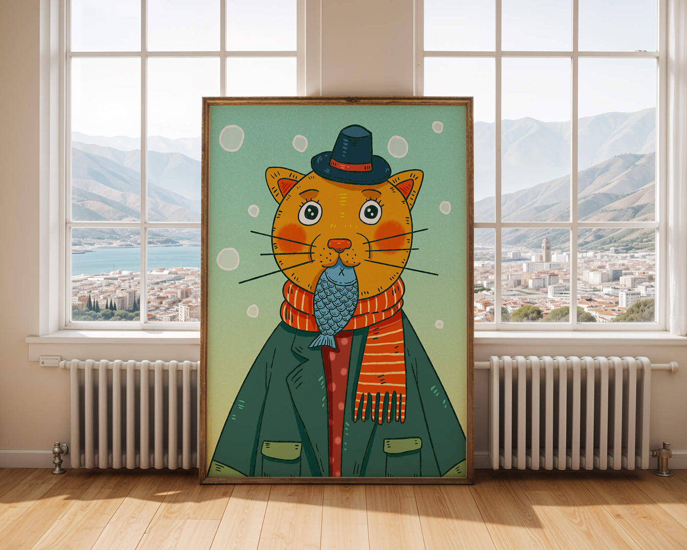 Whimsical cat dressed in colorful winter attire