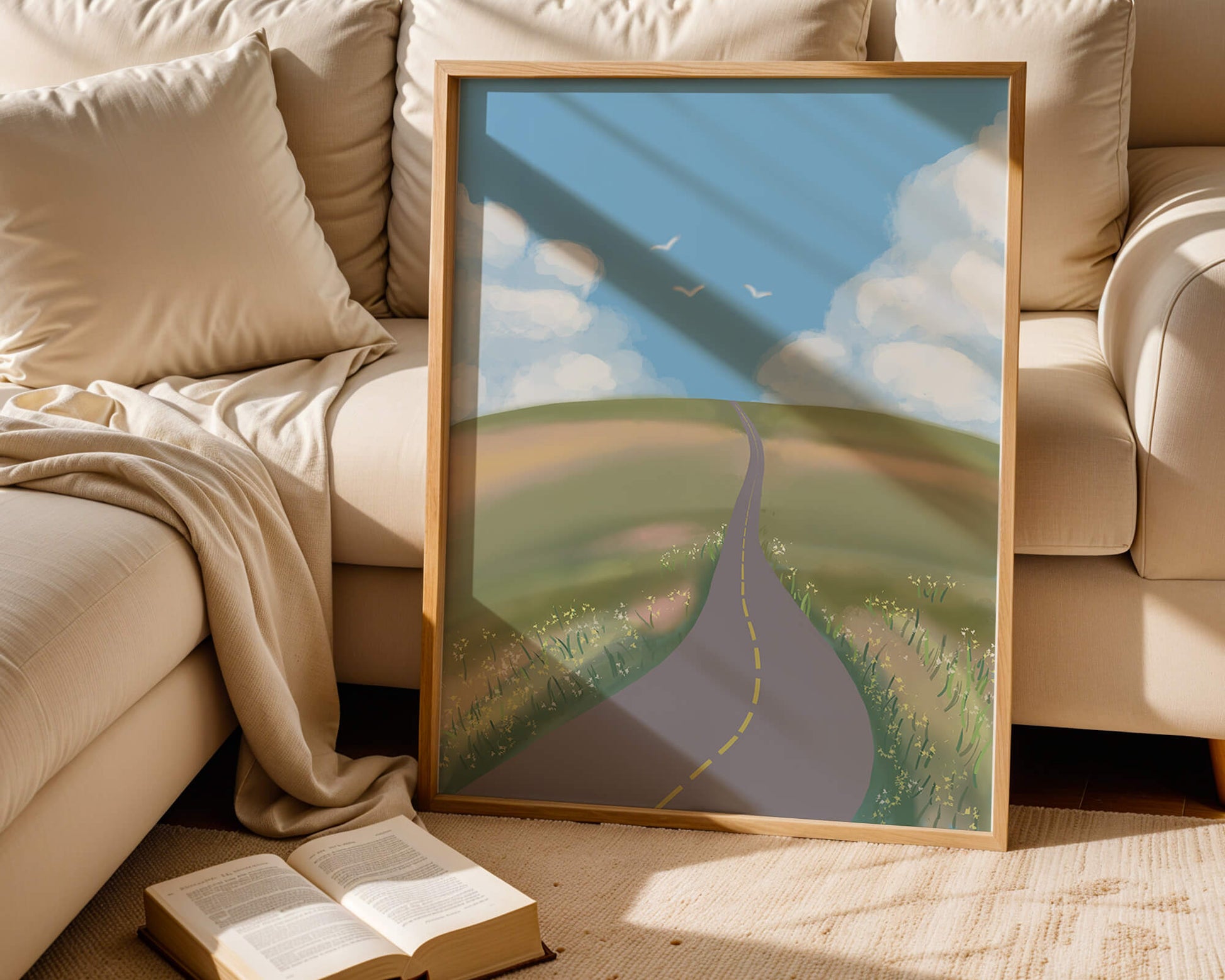 Serene countryside road with vibrant sky and rolling hills