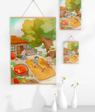 Escena rural encantadora con niño secando granos bajo el árbol