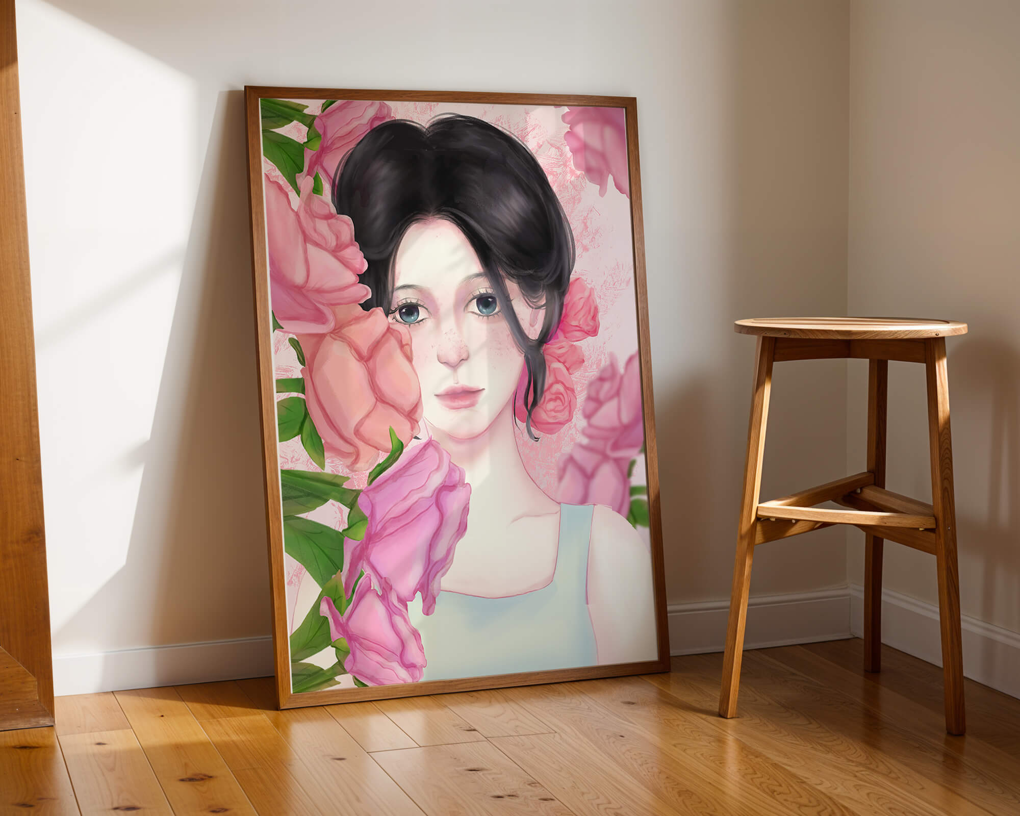 Illustration of a woman surrounded by pink roses