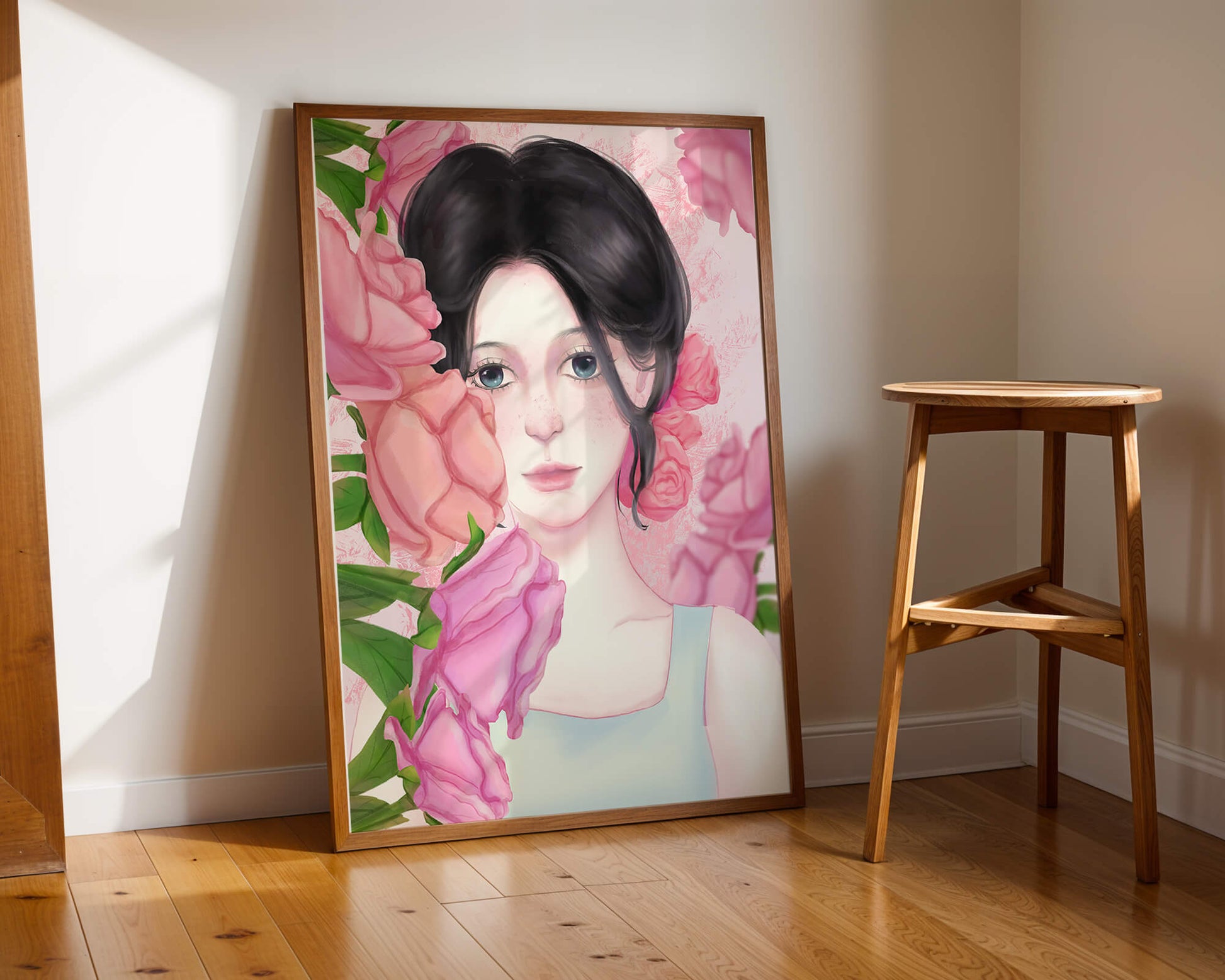 Illustration of a woman surrounded by pink roses