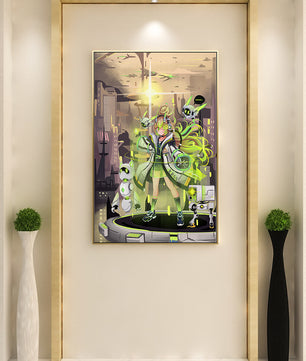Chica de anime futurista con aura verde y compañeros robóticos en un paisaje urbano de ciencia ficción