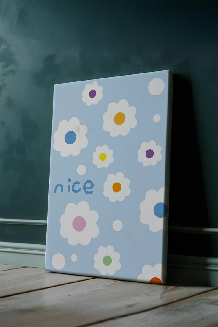 Pastel floral pattern with colorful centers on a blue background