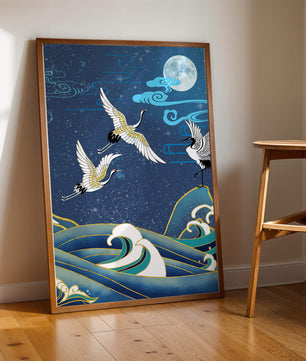 Una escena nocturna serena con grullas y olas al estilo del arte tradicional japonés