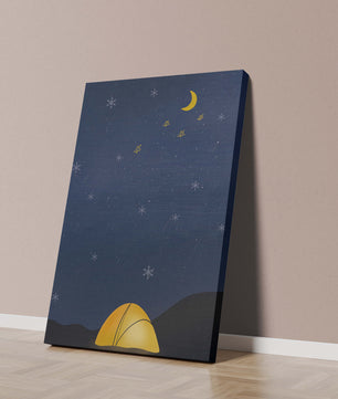 Camping Under Night Sky with Stars and Crescent Moon