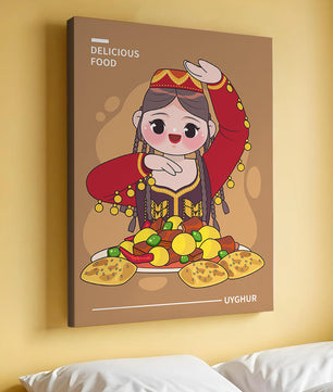 Illustration d’une figure culturelle ouïghoure portant un costume traditionnel et partageant un repas festif