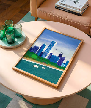Paisaje urbano moderno con skyline y frente al agua en un estilo vibrante