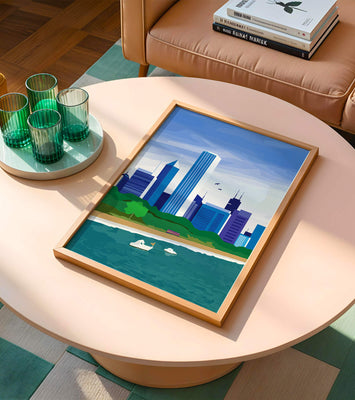 Modern cityscape with skyline and waterfront in a vibrant style
