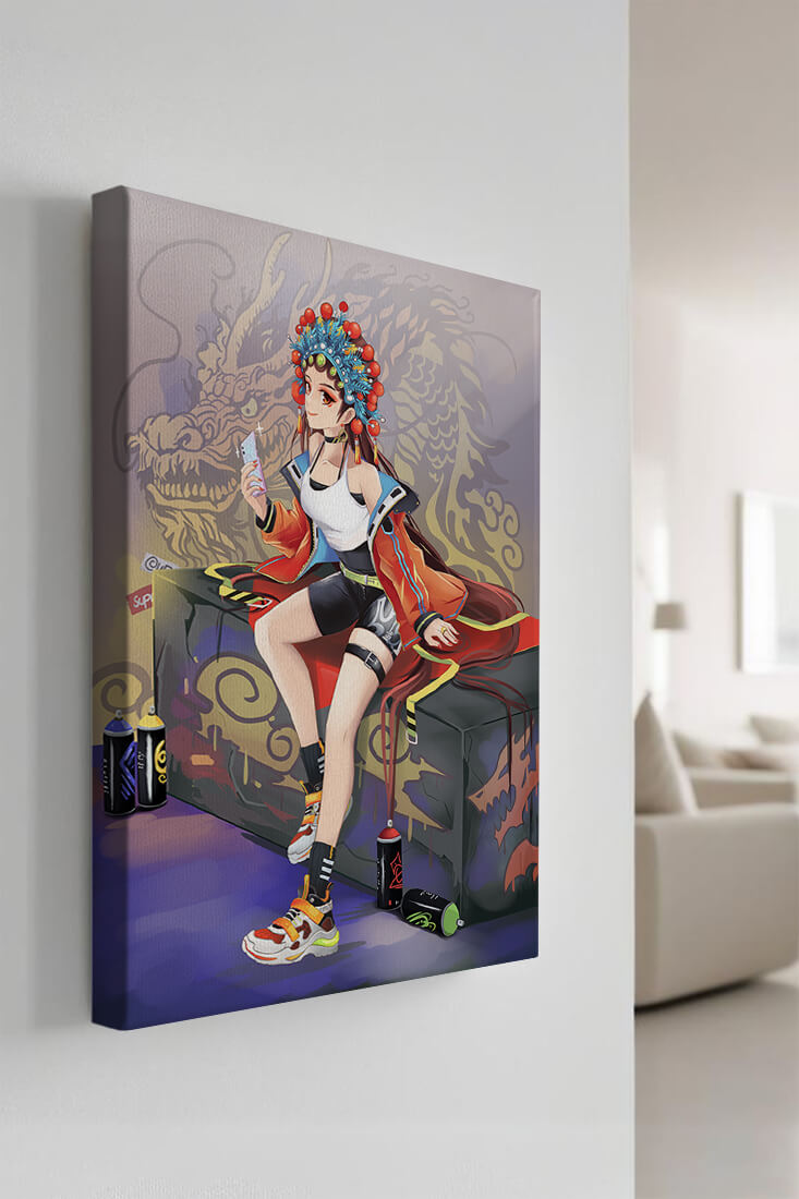 Anime art of a girl in traditional attire with urban elements