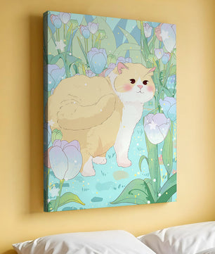 Charmante illustration d’un chat dans un jardin luxuriant de tulipes