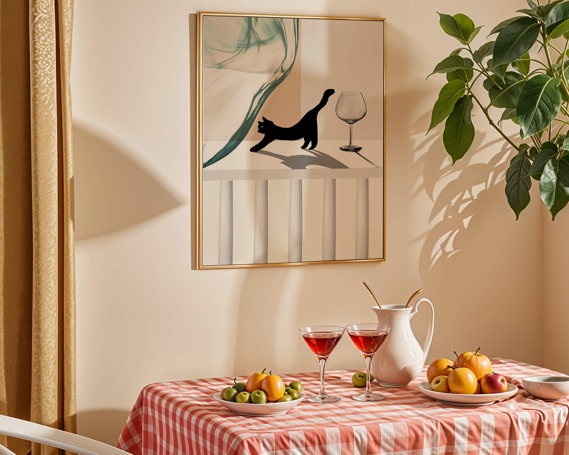 Abstract Composition with Black Cat and Wine Glass on Geometric Background