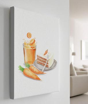 Illustration von Karottenkuchen und Saft mit frischen Karotten