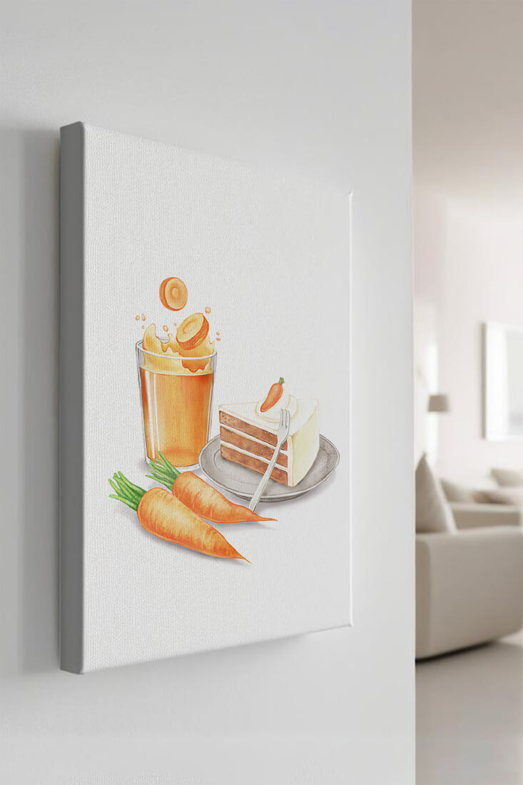Illustration von Karottenkuchen und Saft mit frischen Karotten