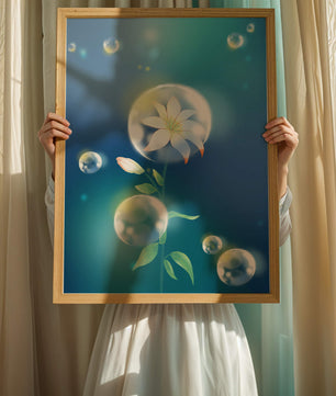 Zarte Blume in transparenten Blasen auf einem verträumten blauen Hintergrund