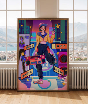 Escena urbana de baile colorida con elementos de hip hop y jazz