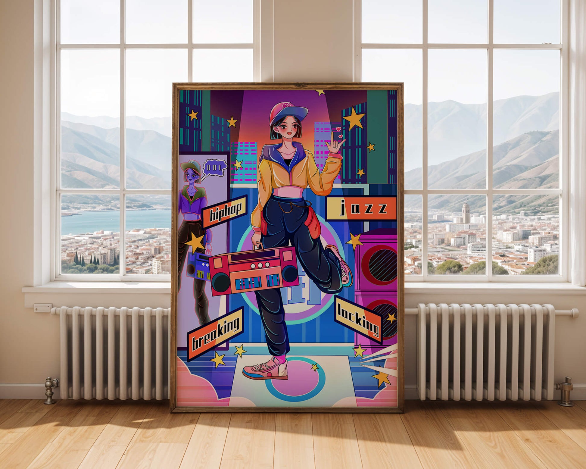 Colorful urban dance scene with hip hop and jazz elements