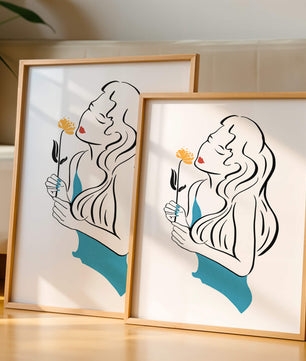 Ilustración estilizada de una mujer con una flor y elementos abstractos