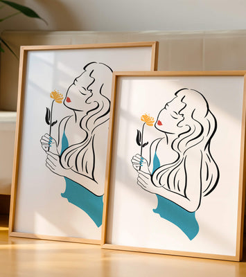 Stylized illustration of a woman with a flower and abstract elements