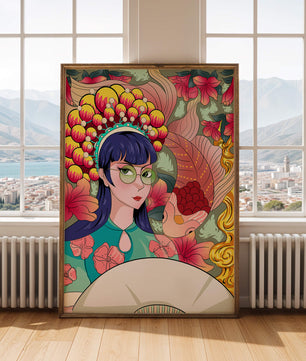 Illustration colorée d’une femme avec une coiffe florale et un fond de poissons