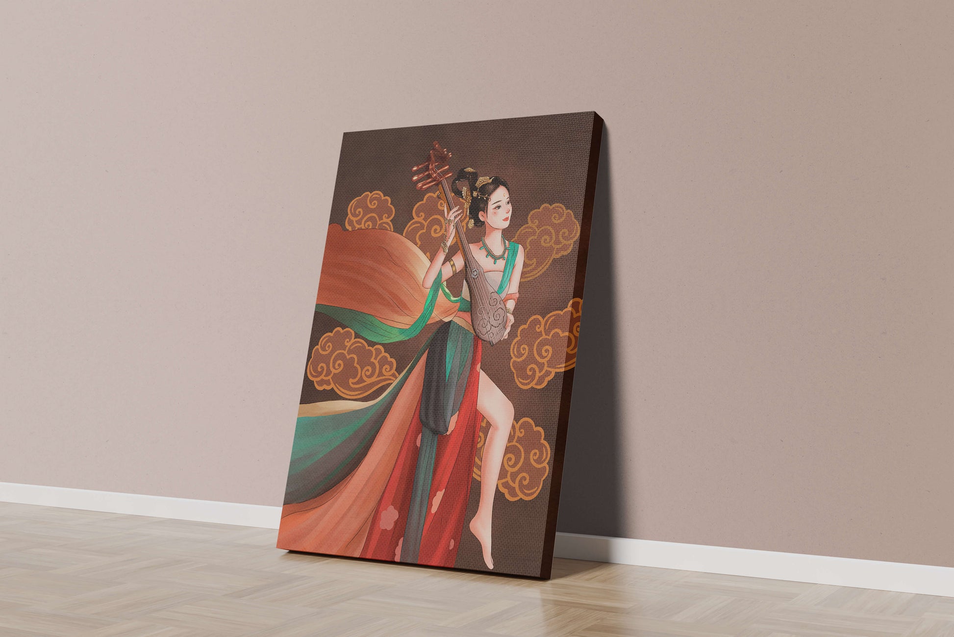 Elegant depiction of a woman playing a traditional string instrument with flowing garments and ornate background