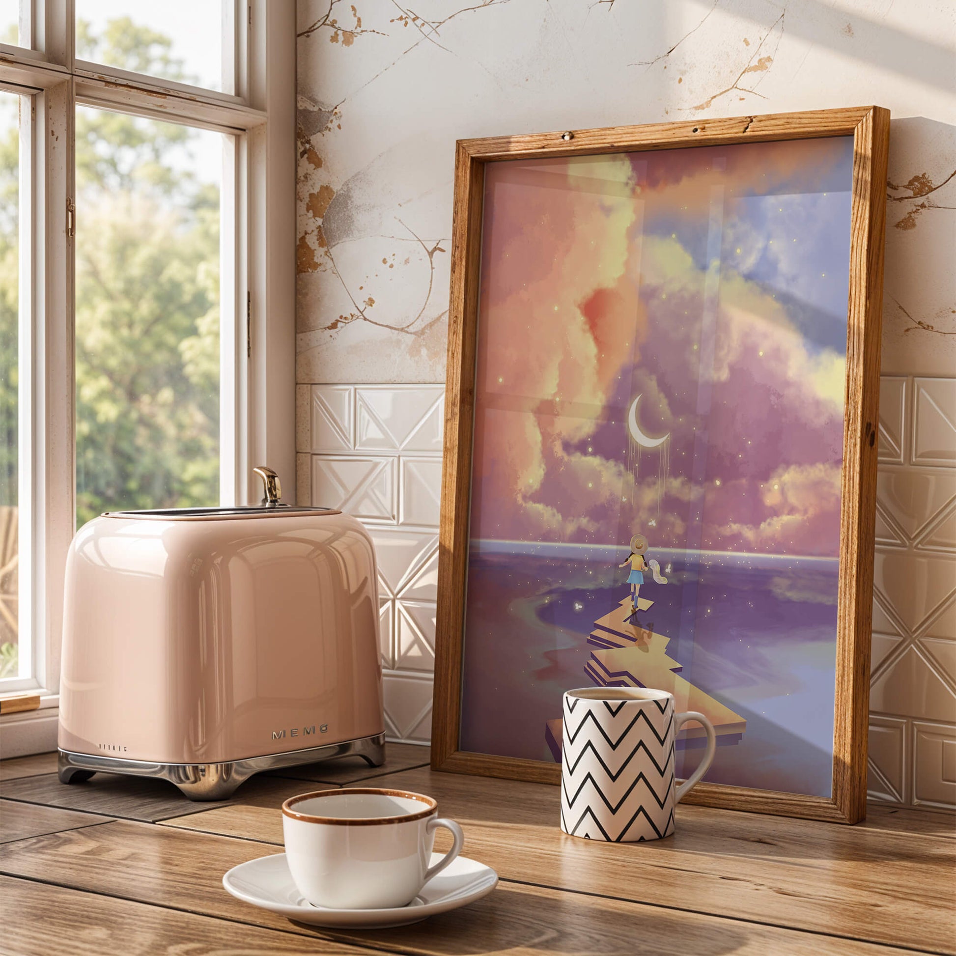 Whimsical journey on a dreamlike path beneath colorful clouds