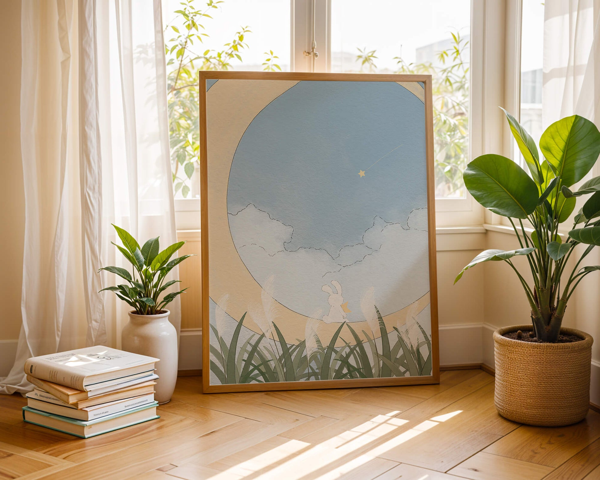 Dreamy Rabbit Sitting on Crescent Moon with Star and Clouds in Sky