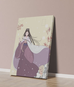 Elegant Woman in Traditional Garment with Snowflakes and Branches