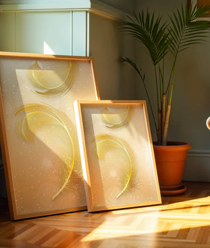 Elegant golden feather design with shimmering background