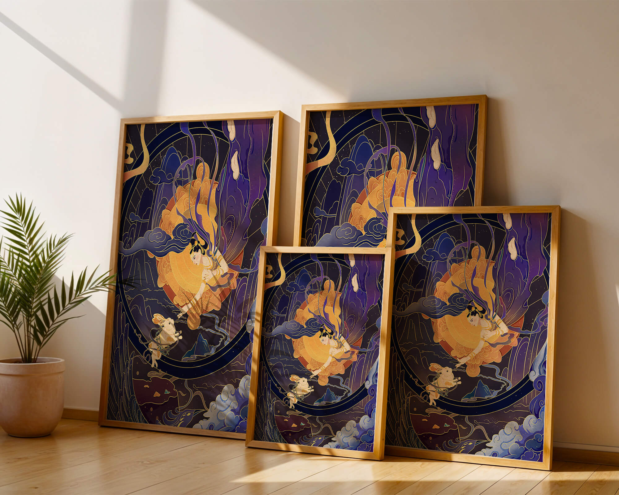 Elegant goddess reaching towards a celestial rabbit in a cosmic scene