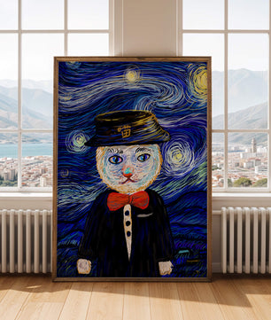 Whimsical cat character against starry night sky background