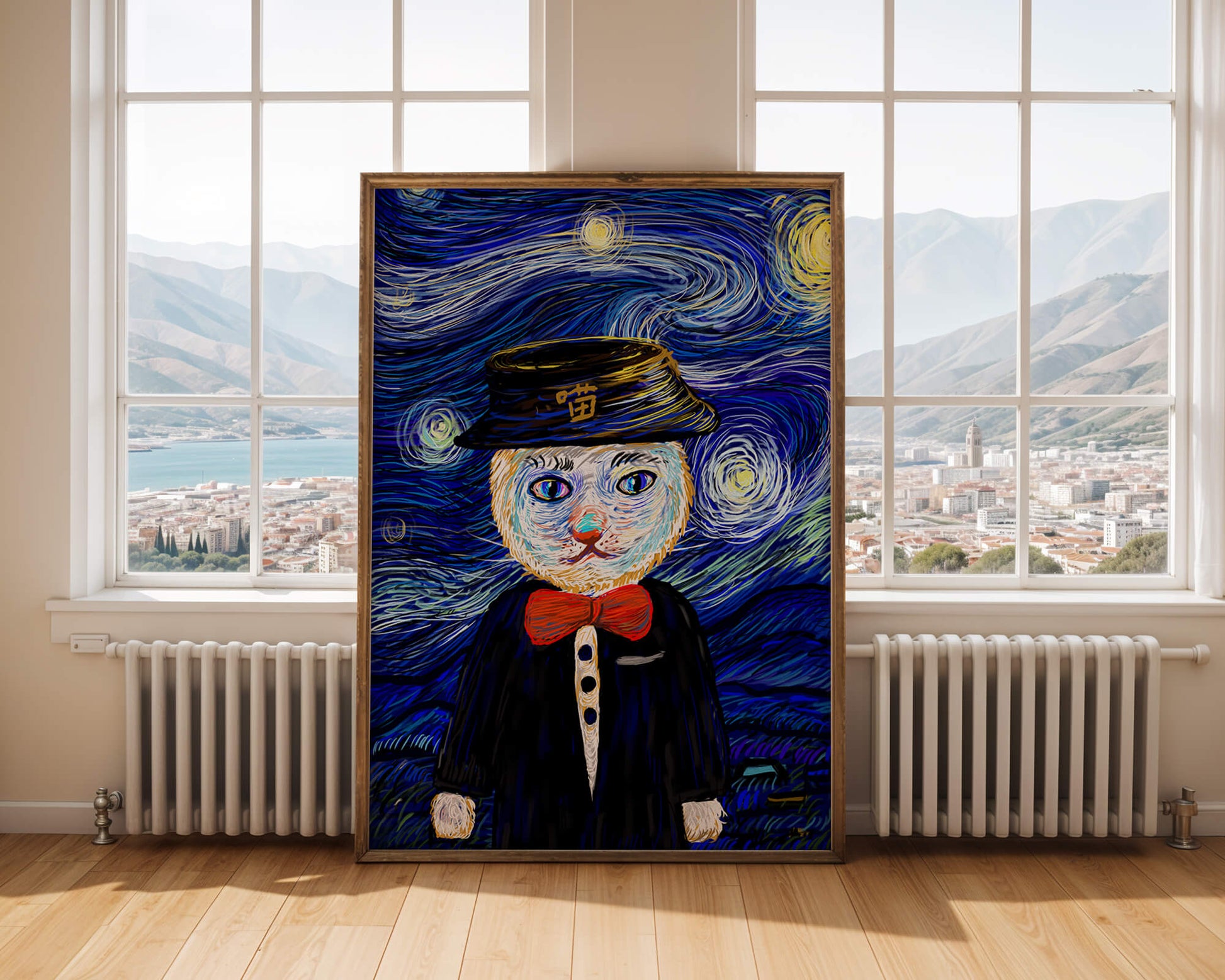 Whimsical cat character against starry night sky background